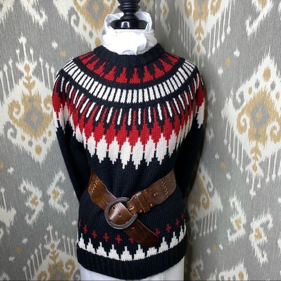Polo Ralph Lauren Black, Red & White Wool Nordic FairIsle Crew Neck Sweater - Picture 8 of 16